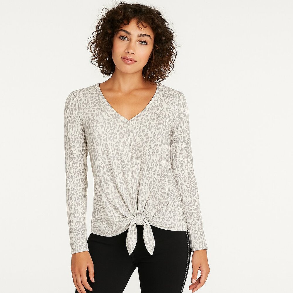 *NWT* Leopard-Print Brushed-Fabric Tie-Front V-Neck Long-Sleeve Top - XXS